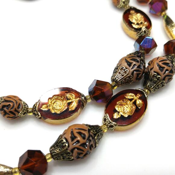 Western Germany Art Bead Floral Necklace, Two Strands, Button Box Clasp, 1950s - Picture 7 of 10